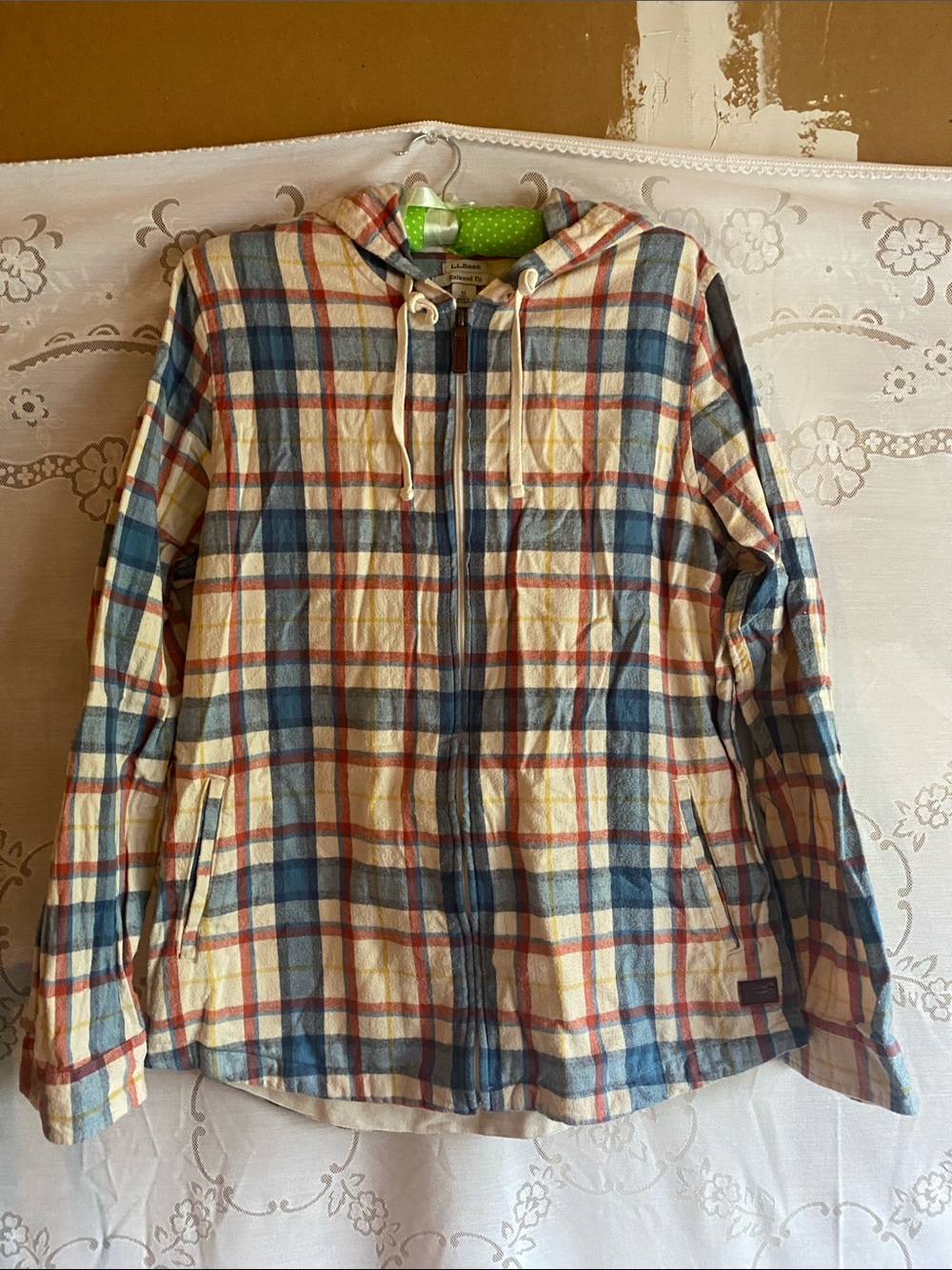 L.L. Bean Plaid Hooded Zip Jacket - Blue & Cream